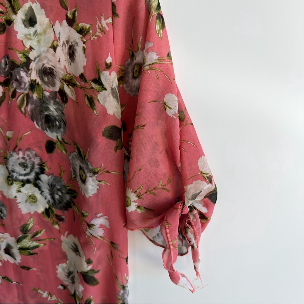 kimono Sheer cardigan tie sleeve open front vacation coral floral Resort size L - Picture 4 of 8